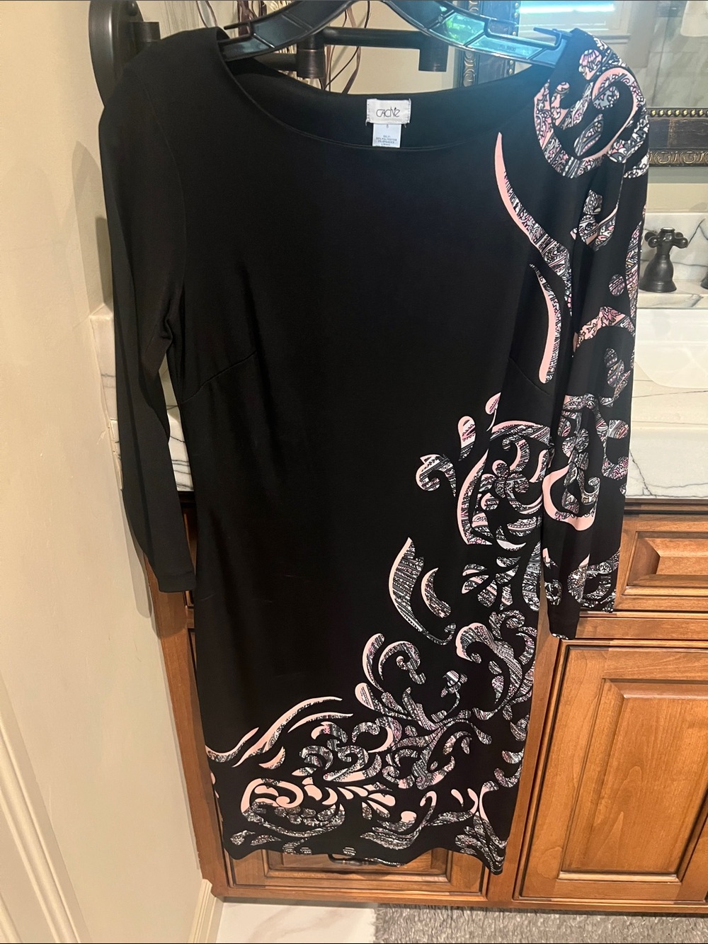 Cache Black Long-Sleeve Dress with Pink Scroll Accents